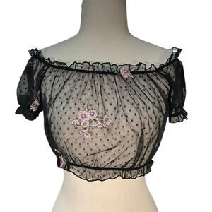 Y2K Fairycore Sheer Mesh Floral Embroidered Crop Top Black Off Shoulder Small